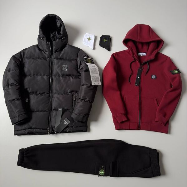 Мужской зимний спортивный костюм Stone Island 3в1 белый с черным Комплект Стон Айленд Костюм Зимняя куртка Хар-371 фото