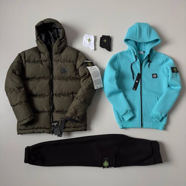 Мужской зимний спортивный костюм Stone Island 3в1 белый с черным Комплект Стон Айленд Костюм Зимняя куртка Хар-371 фото