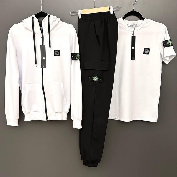 Мужской спортивный костюм Stone Island с капюшоном на молнии черный с хаки Набор Стон Айленд Костюм Футболка Хар-232 фото