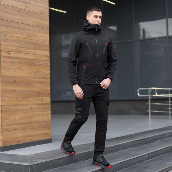 Чоловіча куртка із Soft Shell з капюшоном чорна Вітровка демісезонна на флісі Pobe-Korol' Lev 1 фото