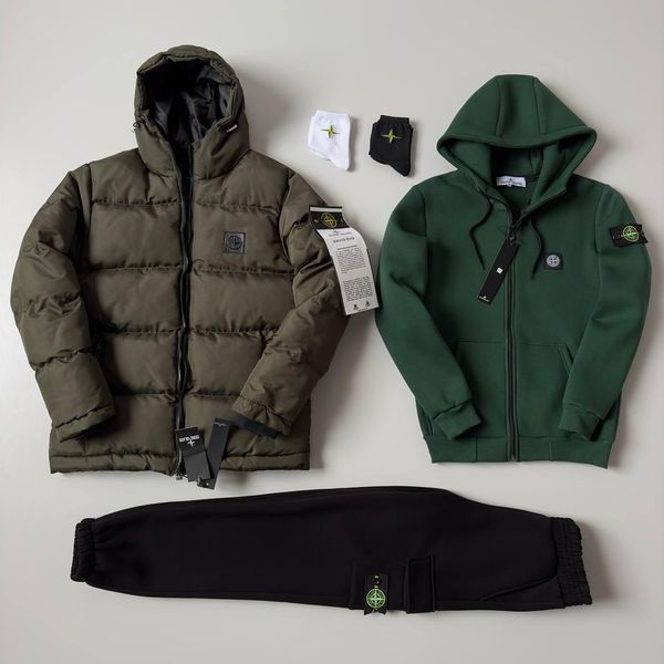 Мужской зимний спортивный костюм Stone Island 3в1 белый с черным Комплект Стон Айленд Костюм Зимняя куртка Хар-371 фото