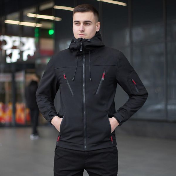 Чоловіча куртка із Soft Shell з капюшоном чорна Вітровка демісезонна на флісі Pobe-Korol' Lev 1 фото