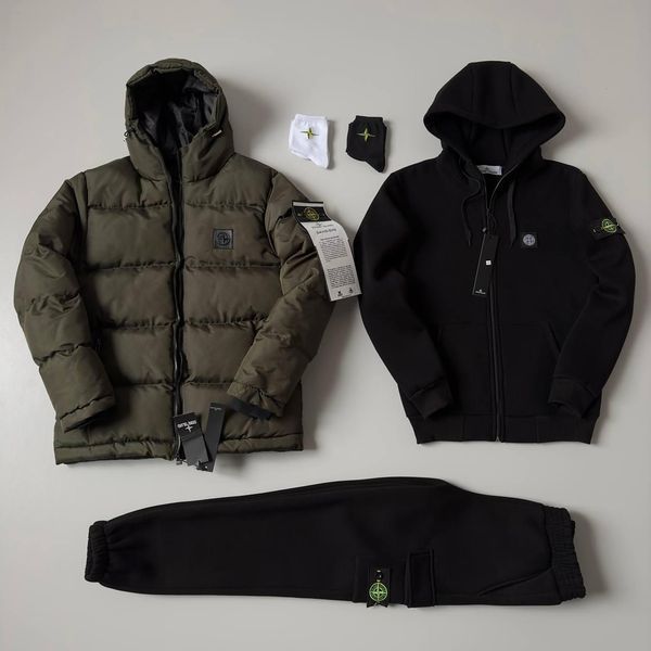 Мужской зимний спортивный костюм Stone Island 3в1 белый с черным Комплект Стон Айленд Костюм Зимняя куртка Хар-371 фото