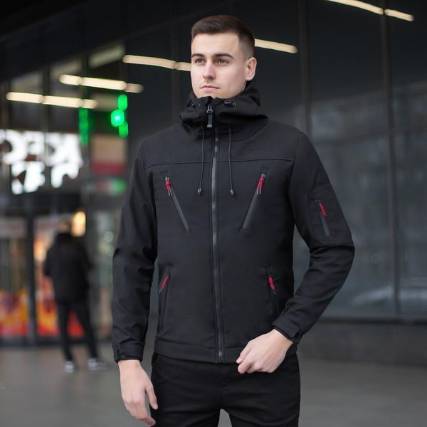 Чоловіча куртка із Soft Shell з капюшоном чорна Вітровка демісезонна на флісі Pobe-Korol' Lev 1 фото