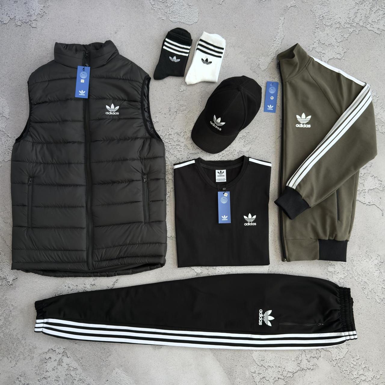 Мужской костюм Adidas 5в1 + Жилетка + Футболка + Кепка + Носки хаки