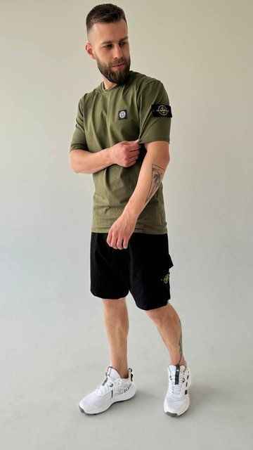 Мужской летний костюм Футболка Шорты Stone Island хаки с патчем Стон Айленд Хар-874 (коп1) фото