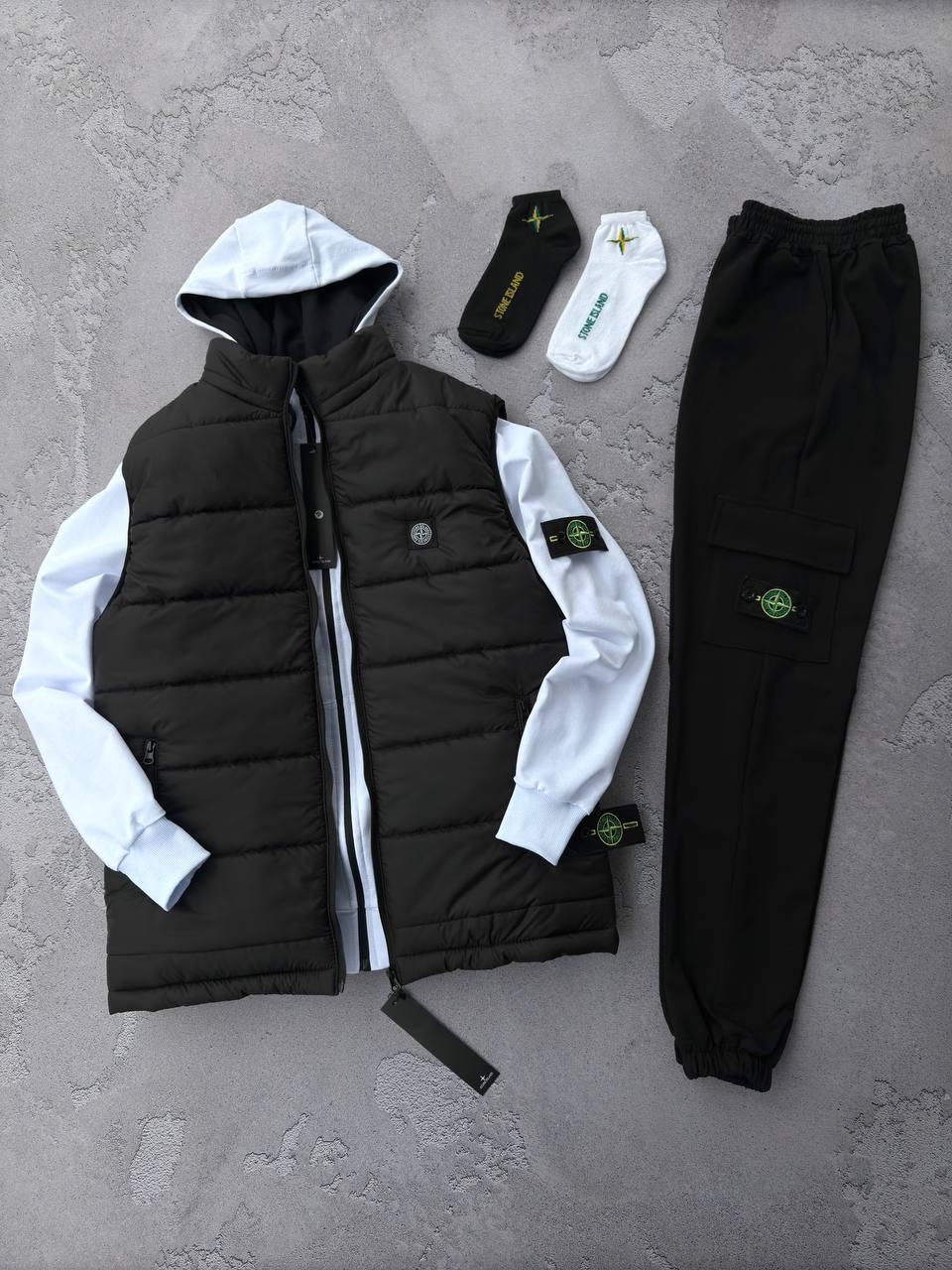 Мужской костюм Stone Island с патчем белый Комплект Стон Айленд Жилетка