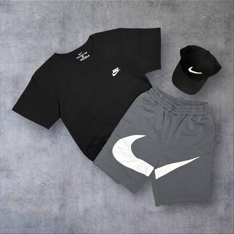 Чоловічий літній костюм Nike Футболка Шорти Кепка чорний з сірим Комплект Найк Will-N0113 фото