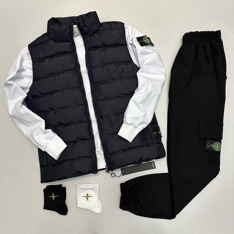Мужской спортивный костюм Stone Islandм без капюшона белый с синим Комплект Стон Айленд Жилетка Свитшот Штаны Хар-119 фото
