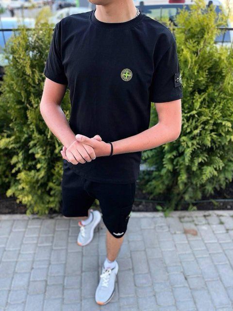 Мужская футболка Stone Island черная с патчем хлопковая Стон Айленд Pav-113/1 фото