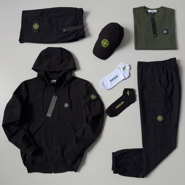 Чоловічий спортивний костюм Stone Island 7в1 білий з чорним Набор Стон Айленд Костюм Футболка Шорти Кепка Хар-536 фото
