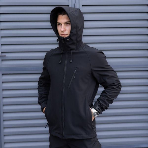 Мужская куртка из Soft Shell с капюшоном черная Ветровка на флисе демисезонная Pobed-Matrix фото