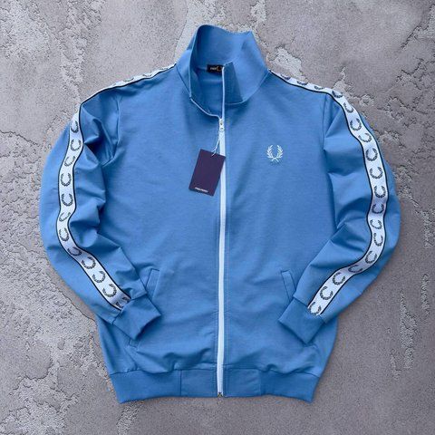 Мужская олимпийка Fred Perry голубая с лампасами Кофта Фред Пери на молнии без капюшона Хар-749 фото