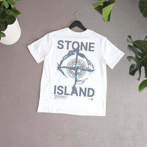 Чоловіча футболка Stone Island біла з принтом бавовняна Теніска Стон Айленд Ads-372 фото