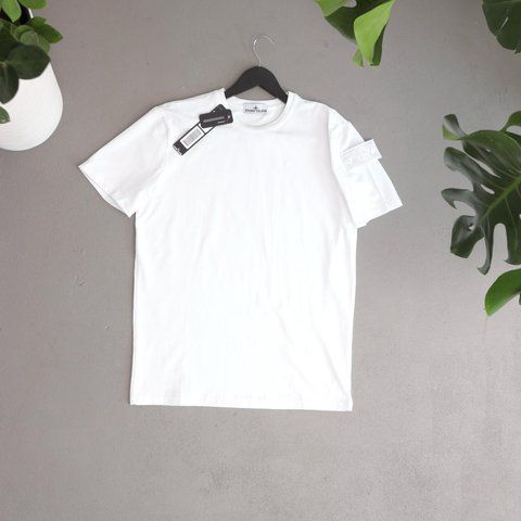 Чоловіча футболка Stone Island біла з патчем бавовняна Теніска Стон Айленд Ads-339 фото
