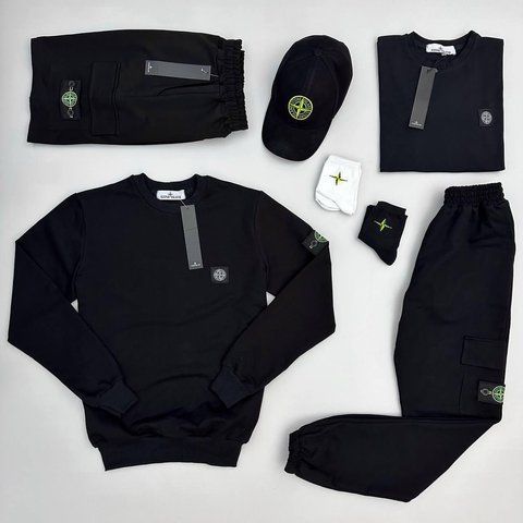 Мужской спортивный костюм Stone Island 7в1 черный Набор Стон Айленд Костюм Футболка Шорты Кепка Хар-484 фото