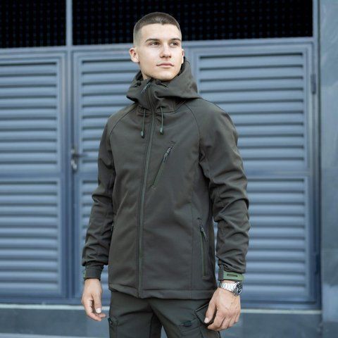 Мужская куртка из Soft Shell с капюшоном хаки Ветровка на флисе демисезонная Pobed-Matrix 1 фото