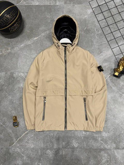 Мужская ветровка Stone Island с патчем бежевая Куртка Стон Айленд из плащевки Моло-SN101 фото