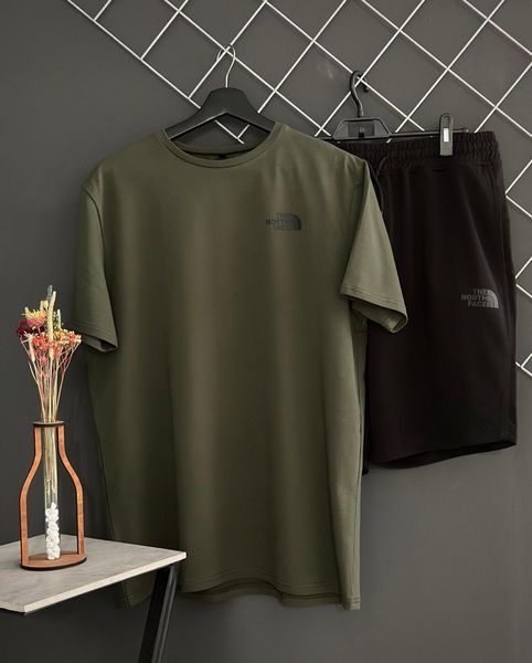 Мужской летний костюм 3в1 The North Face Футболка Шорты Панамка комплект ТНФ хаки с черным Rap-RD179/RD211/ПАНАМА фото