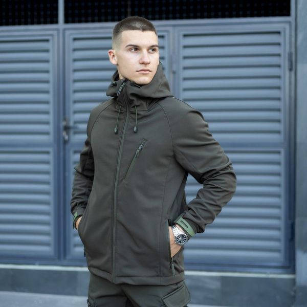 Чоловіча куртка із Soft Shell з капюшоном хакі Вітровка на демісезонній флісі Pobed-Matrix 1 фото