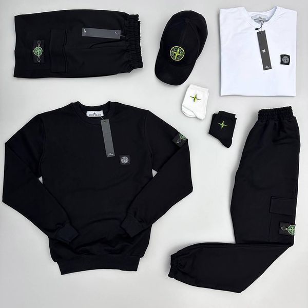 Чоловічий спортивний костюм Stone Island 7в1 чорний Комплект Стон Айленд Костюм Футболка Шорти Кепка Хар-484 фото