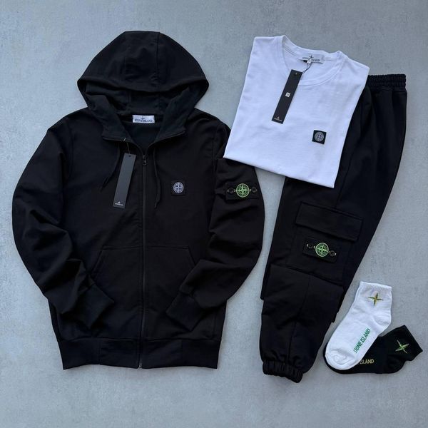Чоловічий спортивний костюм Stone Island 3в1 з капюшоном білий Набір Стон Айленд Костюм Футболка Хар-233 фото