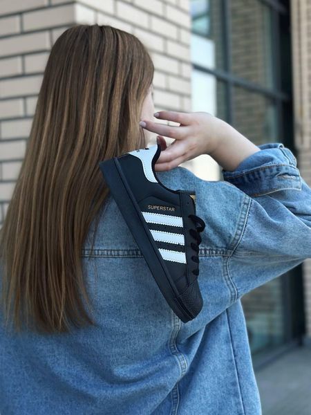 Женские кроссовки Adidas Superstar Black Адидас суперстар черные Скри-SL010104-ТА (коп1) фото