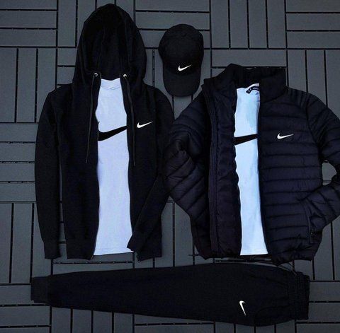 Мужской спортивный костюм Nike 5в1 черный Комплект Найк Кофта Штаны Куртка Футболка Кепка Hot-19 фото