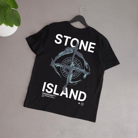 Чоловіча футболка Stone Island чорна з принтом бавовняна Теніска Стон Айленд Ads-371 фото