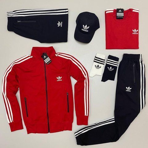 Мужской спортивный костюм Adidas 7в1 черный с красным Набор Адидас Кофта Штаны Шорты Кепка Хар-44 фото