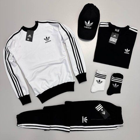 Мужской костюм Adidas 4в1 без капюшона белый Набор Адидас Свитшот Штаны Футболка Кепка Хар-146 фото