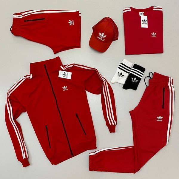 Мужской спортивный костюм Adidas 7в1 черный с красным Набор Адидас Кофта Штаны Шорты Кепка Хар-44 фото