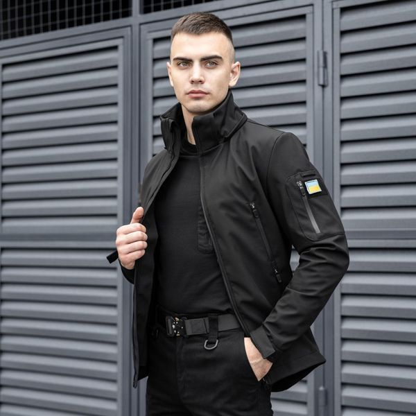 Чоловіча тактична куртка Soft Shell з капюшоном чорна Вітровка на флісі демісезонна Pobed-Motive-ч фото