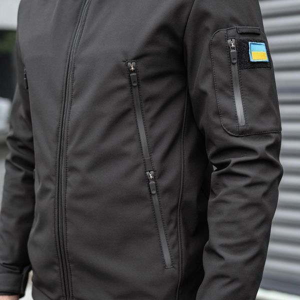 Чоловіча тактична куртка Soft Shell з капюшоном чорна Вітровка на флісі демісезонна Pobed-Motive-ч фото