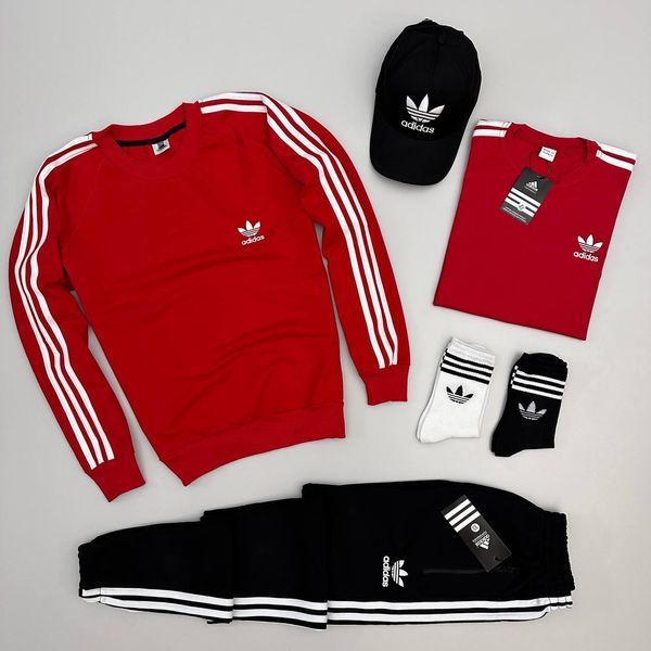Чоловічий костюм Adidas 4в1 без капюшона білий Комплект Адідас Світшот Штани Футболка Кепка Хар-146 фото