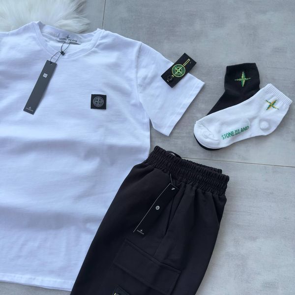 Чоловічий літній костюм Stone Island Футболка Шорти білий із патчем Стон Айленд Хар-875 фото