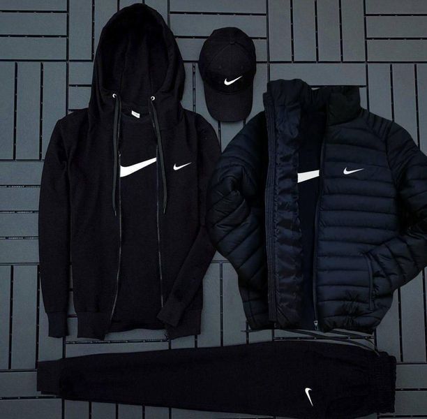 Чоловічий спортивний костюм Nike 5в1 чорний Комплект Найк Кофта Штани Куртка Футболка Кепка Hot-19 фото