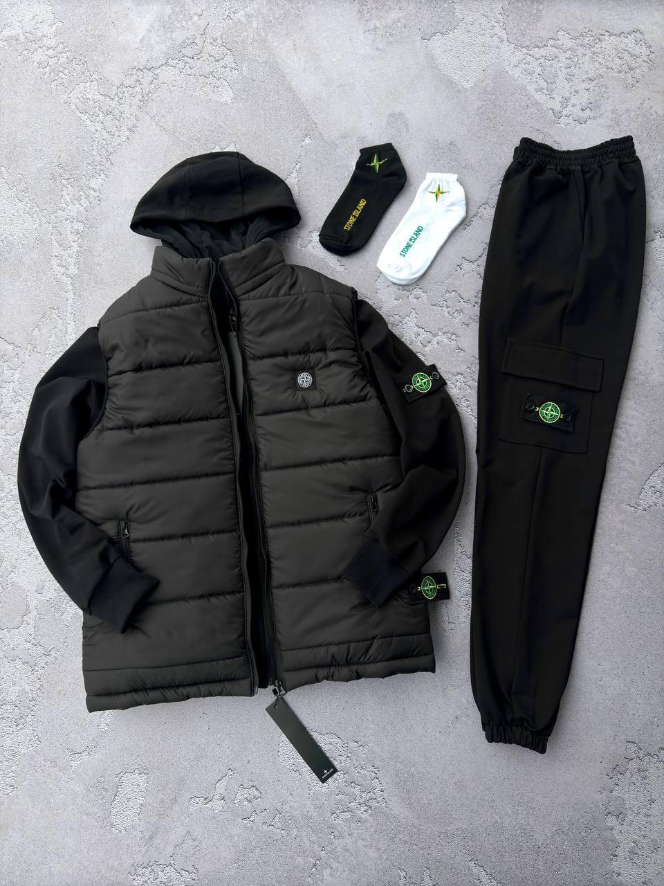 Мужской костюм Stone Island с патчем черный Комплект Стон Айленд Жилетка