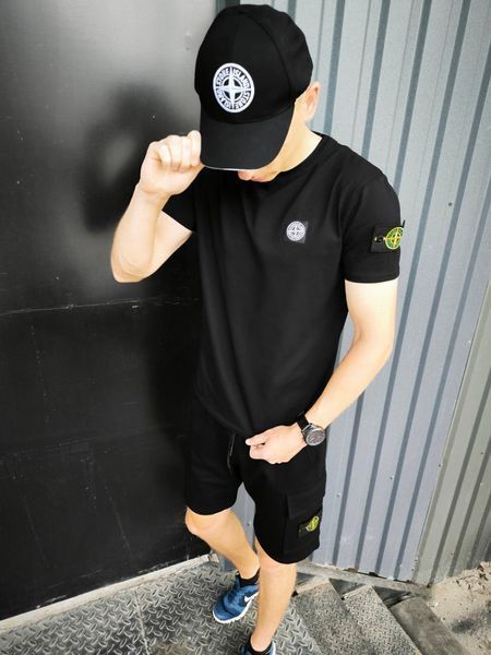Чоловічий літній костюм Stone Island Футболка Шорти Кепка чорний з патчем Стон Айленд хар-889 (коп5) фото