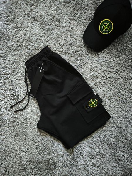 Чоловічий літній костюм Stone Island Футболка Шорти Кепка чорний з патчем Стон Айленд хар-889 (коп5) фото