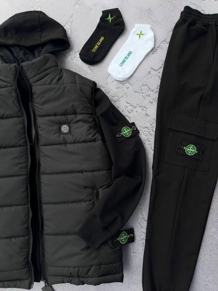 Чоловічий костюм Stone Island з патчем чорний Комплект Стон Айленд + Жилетка Шкарпетки Хар-554 фото