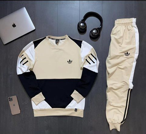 Чоловічий спортивний костюм Adidas бежевий з чорним Комплект Адідас Світшот Штани Seas-29 фото