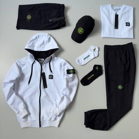 Мужской спортивный костюм Stone Island 7в1 белый с черным Набор Стон Айленд Костюм Футболка Шорты Кепка Хар-537 фото