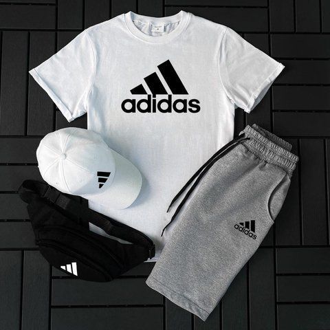 Чоловічий літній костюм Adidas Футболка Шорти Кепка Барсетка білий із сірим Ow-129 фото