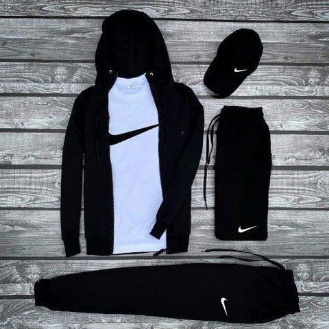 Мужской спортивный костюм Nike 5в1 черный Комплект Найк Кофта Штанами Футболка Шортами Кепка Мой-39 фото