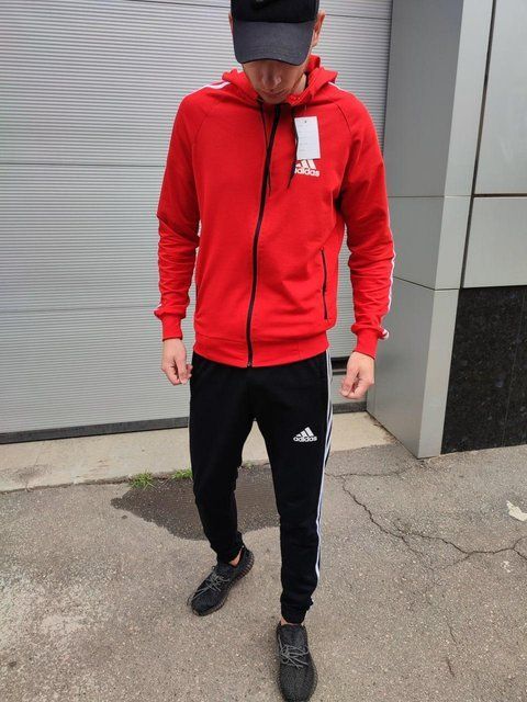 Мужской спортивный костюм Adidas красный с черным Комплект Адидас Кофта на змейке Штаны с капюшоном Univer-31 1 фото