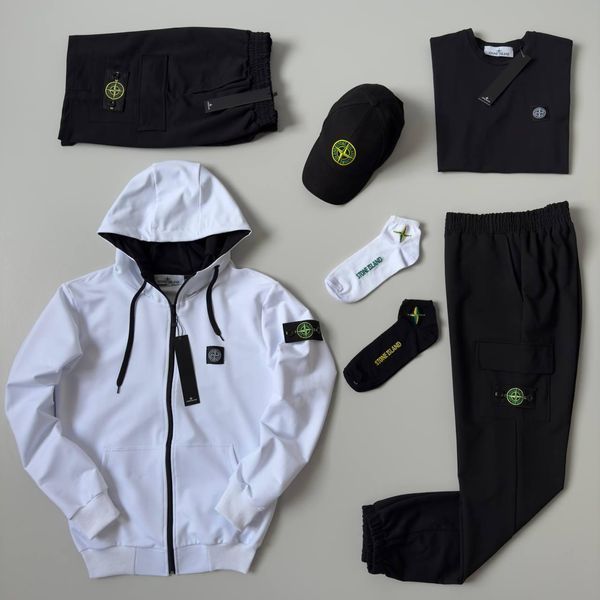 Чоловічий спортивний костюм Stone Island 7в1 білий з чорним Набор Стон Айленд Костюм Футболка Шорти Кепка Хар-537 фото
