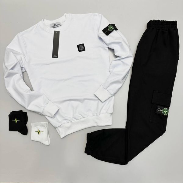Чоловічий спортивний костюм Stone Island без капюшона білий з хакі Комплект Стон Айленд Світшот Штани Хар-118 фото
