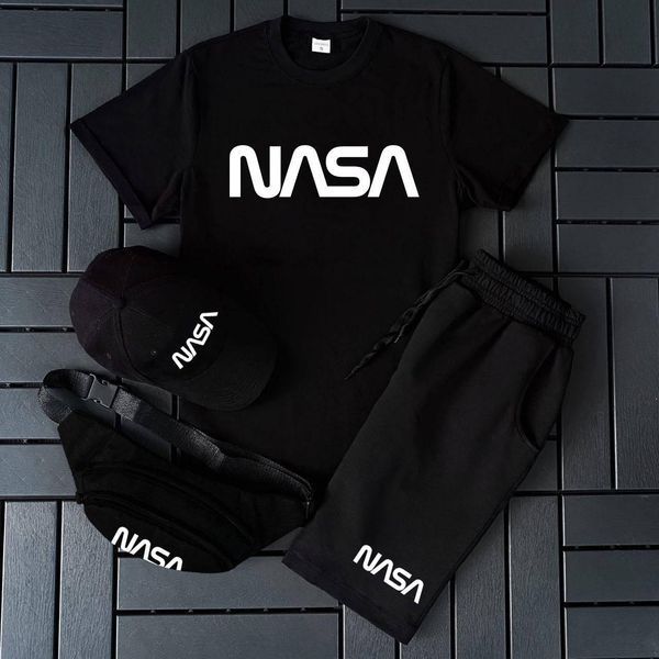 Мужской летний костюм Nasa Футболка Шорты Кепка Барсетка белый с черным Комплект Наса Ow-147 фото