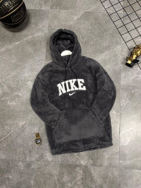 Мужское зимнее худи Nike плюшевое черное Кофта тедди Найк с капюшоном Моло-61KK фото